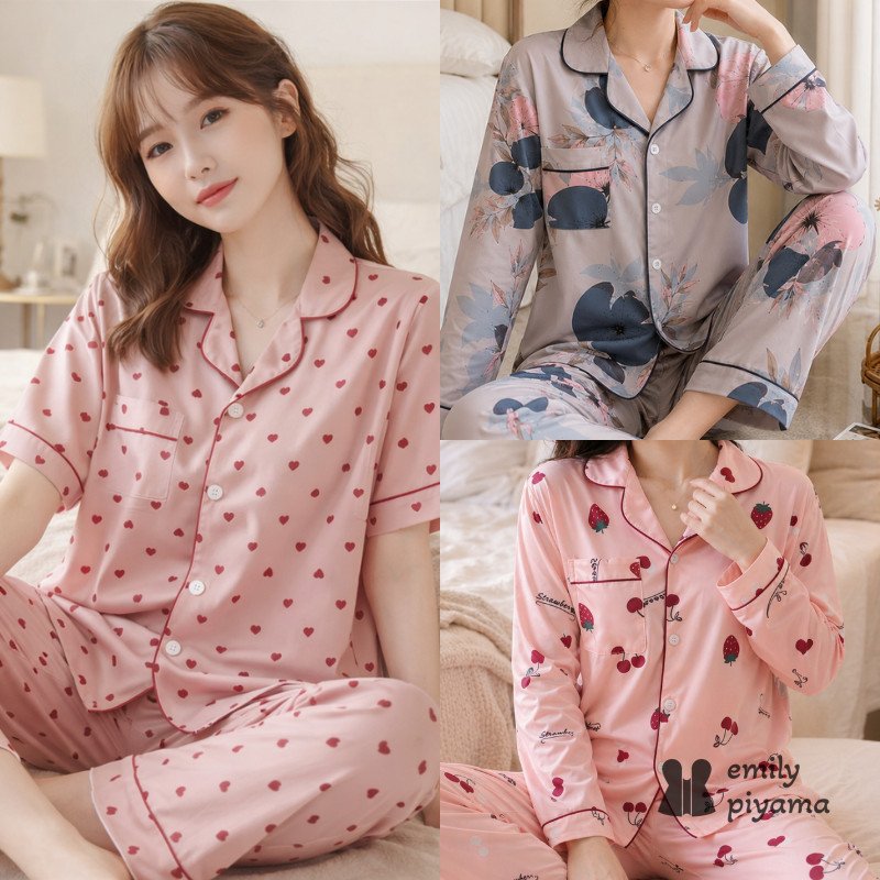 EMILY PIYAMA Baju Tidur Set Piyama Series 1 Bahan Poly Bamboo Lengan Pendek/Panjang Celana Pendek/Panjang Adem & Lembut