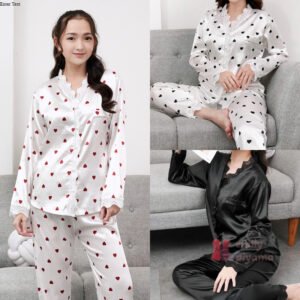 EMILY PIYAMA Baju Tidur Set Piyama Bahan Satin Model Polos Lengan Panjang Celana Panjang Premium Pakaian Tidur Wanita Dewasa