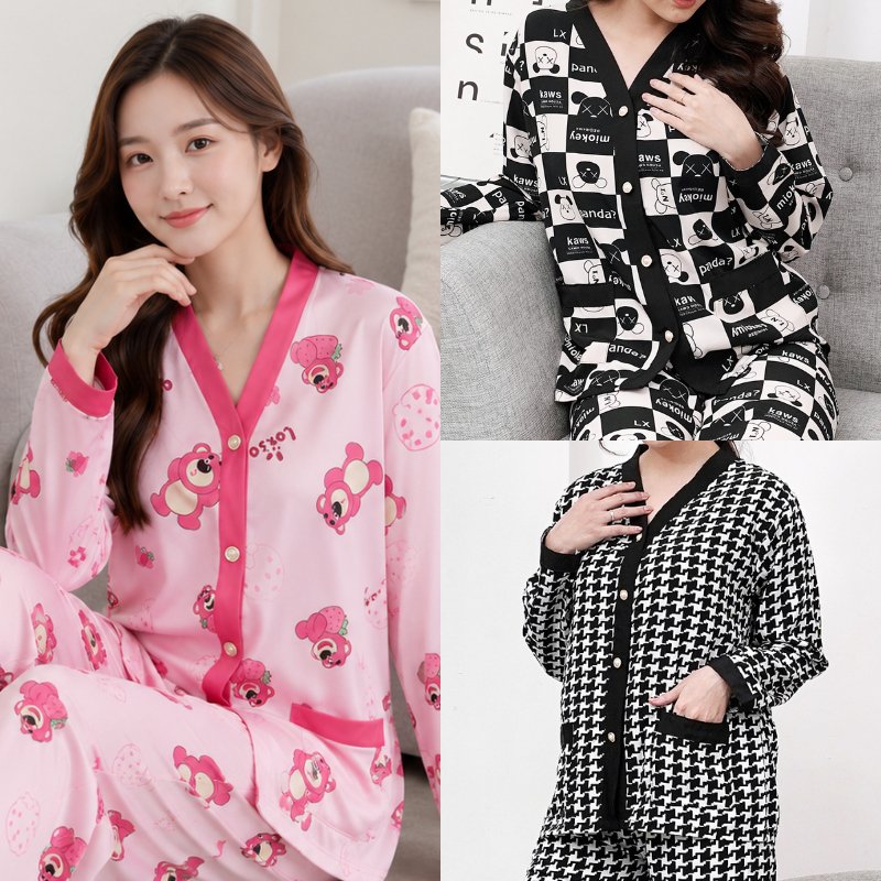 Emily Piyama Wanita Satin Sutra Kancing Depan Series 1 Lengan Panjang Celana Panjang Set Baju Tidur Kekinian