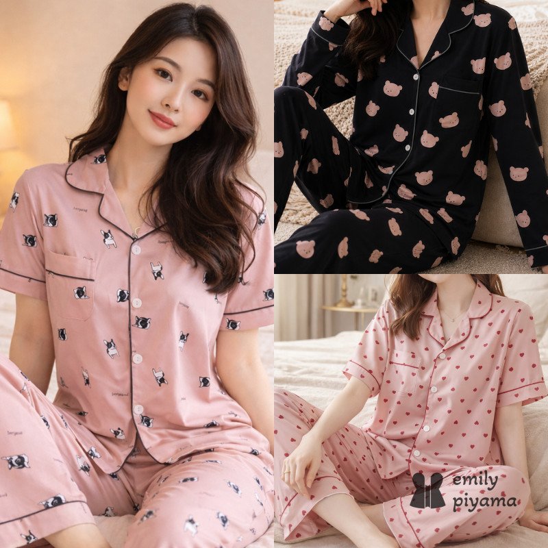EMILY PIYAMA Baju Tidur Set Piyama Series 2 Bahan Poly Bamboo Lengan Pendek/Panjang Celana Pendek/Panjang Adem & Lembut