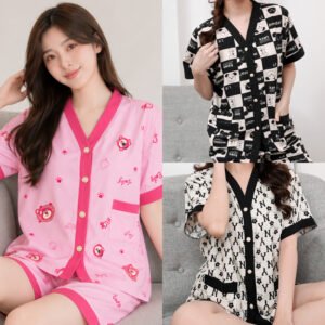 Emily Piyama Wanita Satin Sutra Kancing Depan Series 1 Lengan Pendek Celana Pendek Set Baju Tidur Kekinian
