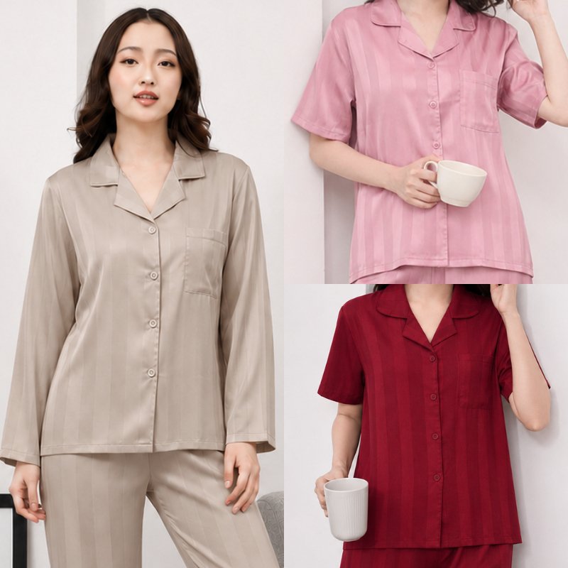 Emily Piyama Wanita Polytencel Garis Salur Lengan Pendek/Panjang Celana Pendek/Panjang Kekinian